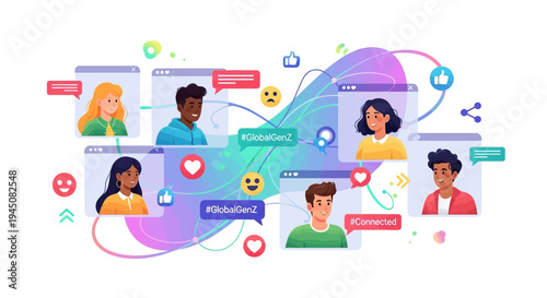 A colorful illustration of diverse Gen Z people icons interacting on social media with a banner background, conveying a productive and innovative mood with a mix of design elements and