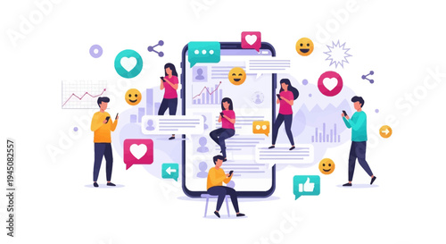 Colorful illustration of a diverse group of Gen Z people interacting with a giant smartphone surrounded by social media icons and graphs on a white background, conveying a productive and