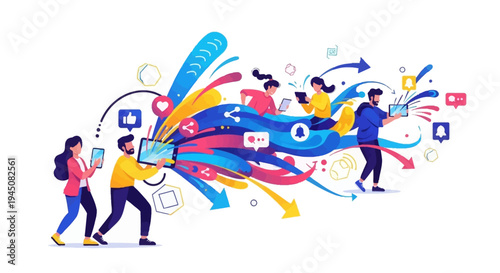 Colorful illustration of Gen Z people engaging in productive marketing activities with innovative ideas and icons on a white background.