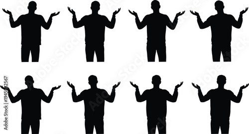 Confused people silhouette, raised arms gesture illustration, questioning posture design, group uncertainty concept, black figure art, white background collective
