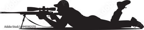 Black silhouette of man lying down aiming rifle with scope