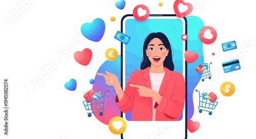 Illustration of a young woman interacting with a colorful mobile phone surrounded by social media icons and symbols in a vibrant, modern design.