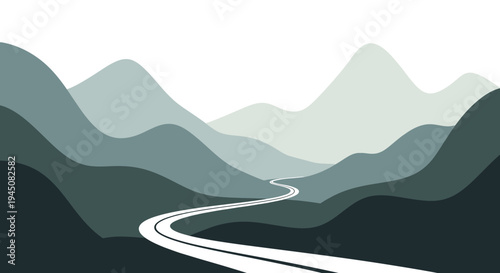 Tableau sur toile Winding Road Through Serene Mountain Landscape Minimalist Illustration