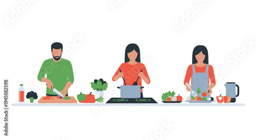 Three people cooking healthy food together in a kitchen.