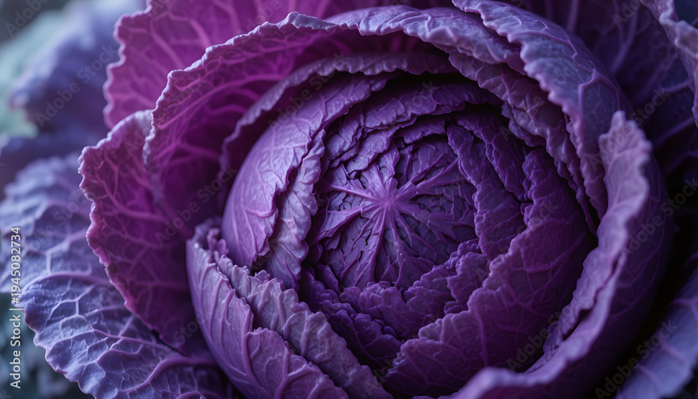 Obraz premium Close Up Of Purple Cabbage Leaf Showing Intricate Vein Structure Landscape Image