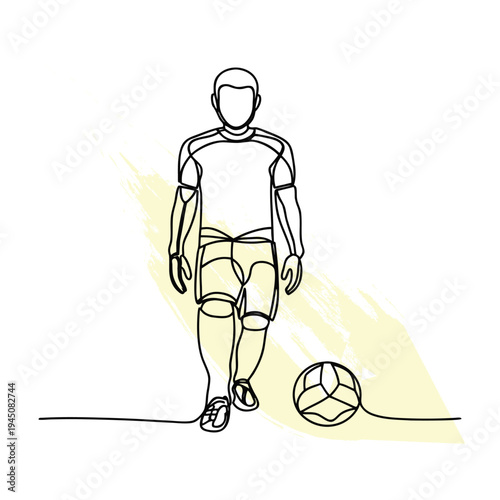 Minimalist line art illustration of a soccer player with a football, perfect for world cup themed designs and sports related graphics.