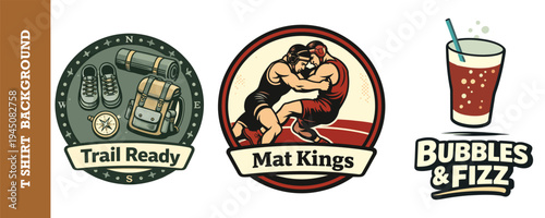Vintagestyle retro logo designs featuring hiking camping wrestling and soda drink themes isolated on transparent background perfect for tshirts posters and branding