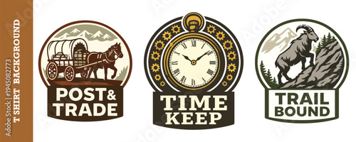 Vintageinspired circular logo designs featuring historical themes of trade travel and timekeeping elements isolated