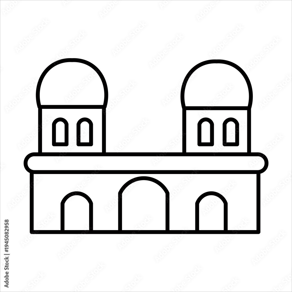 Fototapeta premium Simple line art drawing of a building with two domes and arched entrances, representing a mosque or historical landmark.