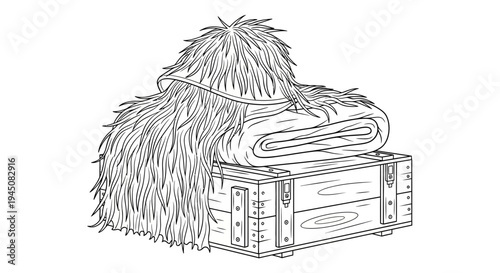 Camouflage Ghillie Suit and Blanket on Wooden Crate - Military Gear Illustration
