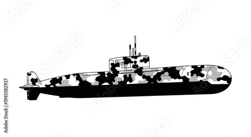 Camouflaged Military Submarine Silhouette, Underwater Warfare Vessel