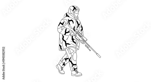Camouflaged Soldier with Sniper Rifle Walking, Military Combat Gear, Stealth Operation