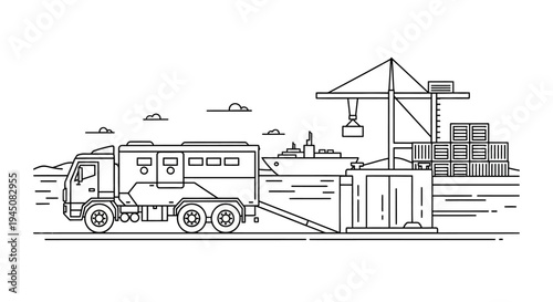 Cargo truck loading containers onto ship at port with crane, logistics and shipping concept