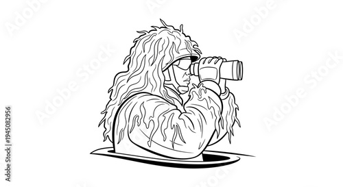 Camouflaged Soldier with Binoculars Scouting from Cover