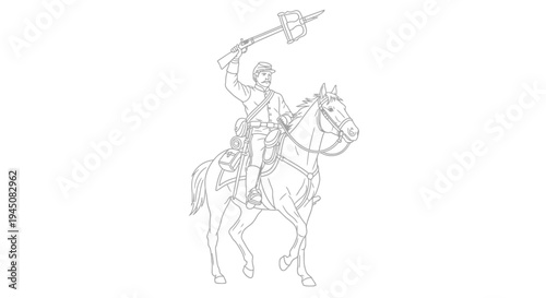 Cavalry soldier on horseback holding a rifle with bayonet raised, historical illustration