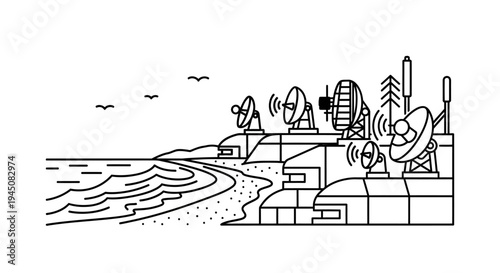 Coastal Radar Station with Satellite Dishes and Waves