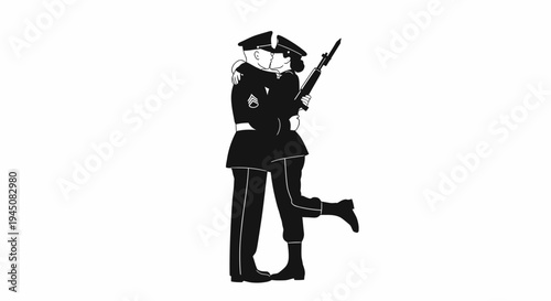 Couple in military uniform kissing, soldier with rifle, love, farewell, war, romance, black and white