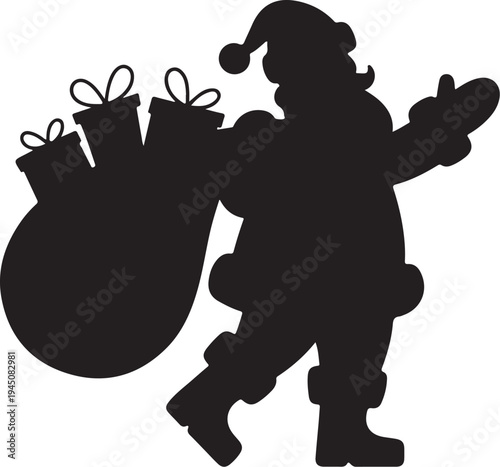 Black silhouette of Santa Claus carrying a large sack of gifts