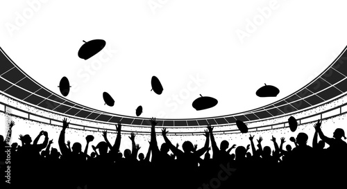 Crowd cheering at sports stadium, throwing hats in the air, celebrating victory