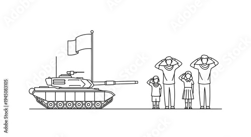 Family Salutes Military Tank with Flag: Patriotism, Remembrance, and National Pride