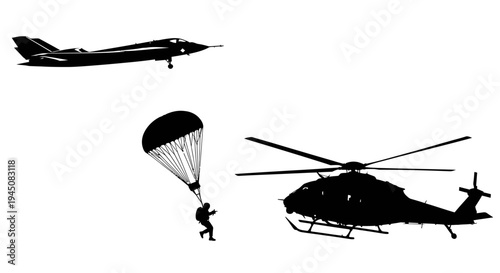 Military Aircraft and Parachutist Silhouette: Jet, Helicopter, Skydiver