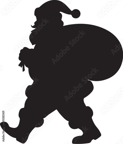 Black silhouette of Santa Claus carrying a sack white background