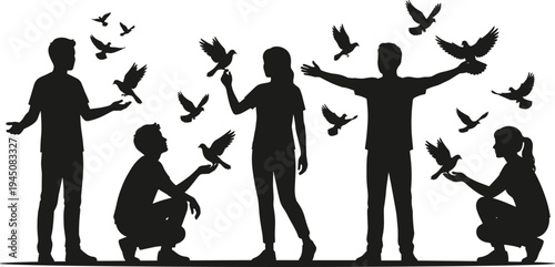 Human bird interaction silhouette, people with flying birds, nature harmony illustration, wildlife connection design, freedom peace concept, black figure background