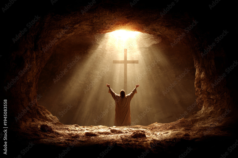 Fototapeta premium Religion worship prayer Jesus cave cross light faith spiritual hope radiant light cross cave with praying Jesus figure worship scene inspiring