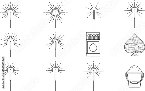 Minimal line icons of sparkler fireworks, matchbox, spade symbol and sand bucket, simple outline vector set isolated on light background