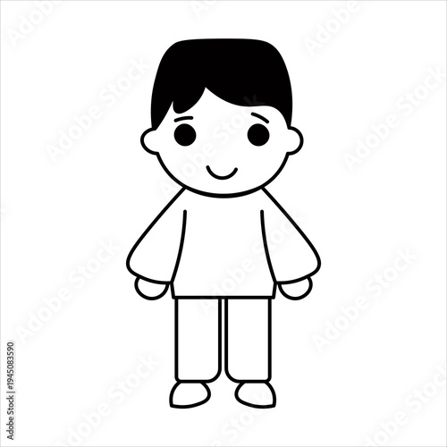 A simple, stylized black and white line drawing of a cartoon boy standing upright with a friendly expression.