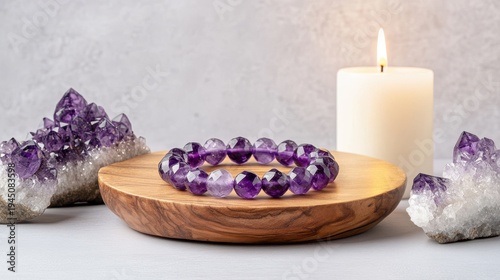 Amethyst Bracelet and Crystals: The image showcases an amethyst bracelet resting gracefully on a wooden platform, accompanied by two raw amethyst crystals and a single burning candle.