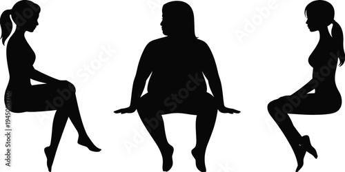Black Silhouettes of Three Women in Seated Poses with Varied Body Types woman female