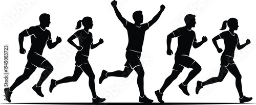 Running people silhouette, athletic group illustration, victory celebration design, fitness motion concept, competition teamwork art, black figure background
