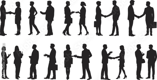 Business people silhouettes shaking hands and talking in formal attire handshake meeting
