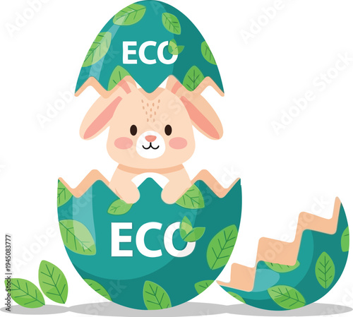 A cute cartoon bunny emerges from an eco-friendly green eggshell with leaves