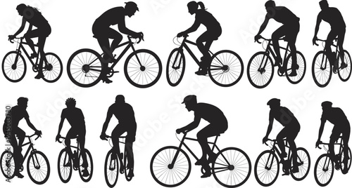 Collection of Black Silhouettes of Cyclists in Motion on White Background cycling bicycle