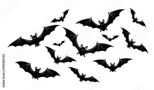 Spooky flying bats silhouette swarm Halloween vector illustration isolated on transparent background
