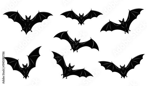Flying bat silhouette vector set spooky Halloween black bat collection isolated on transparent background