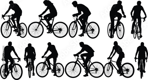 Collection of cyclist silhouettes in different riding positions on a white background Keywords: silhouette, cyclist, bicycle