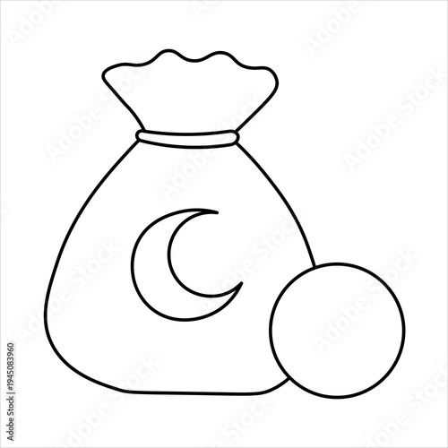 Line art drawing of a money bag with a crescent moon symbol and a separate circle, representing wealth, charity, or religious giving.