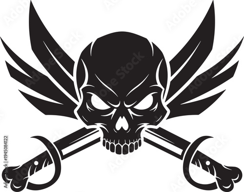 Aggressive black silhouette of a pirate skull with wings and crossed swords, gothic jolly roger emblem, military tactical badge vector illustration isolated on white