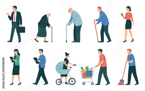 Diverse people engaged in various activities walking