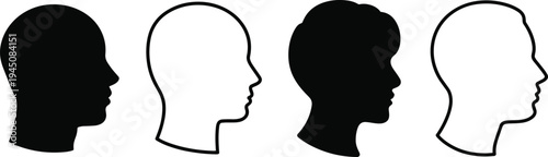 Four profile head silhouettes, two black and two white outlines human face