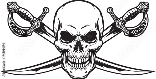 Black and white pirate skull with crossed sabers, Jolly Roger symbol, danger emblem, death warning sign vector illustration for tattoo, logo, apparel