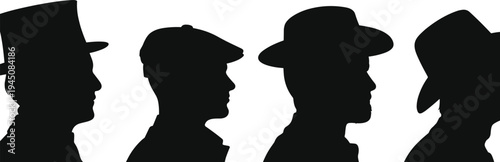 Four Silhouetted Male Heads With Different Hats Facing Right profile