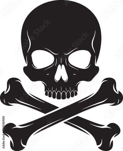 Black silhouette of a classic human skull and crossed bones, traditional pirate jolly roger symbol, gothic horror element and toxic danger sign isolated on white