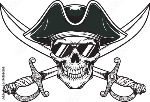 Cool pirate skull wearing tricorn hat and sunglasses, crossed sabers, confident swagger face, black and white vector illustration for tattoo, logo, gaming, apparel, sticker, poster