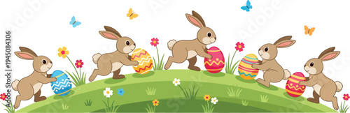 A group of cartoon bunnies playing with colorful Easter eggs on a green hill with flowers