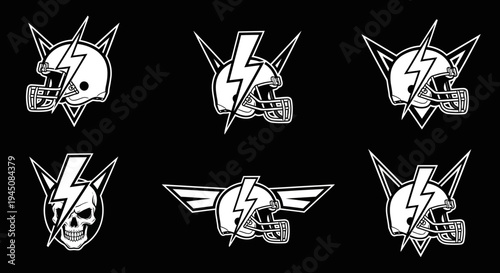 American football helmets and lightning bolts designs in black and white