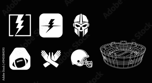 American football icon set in white on black background for design
